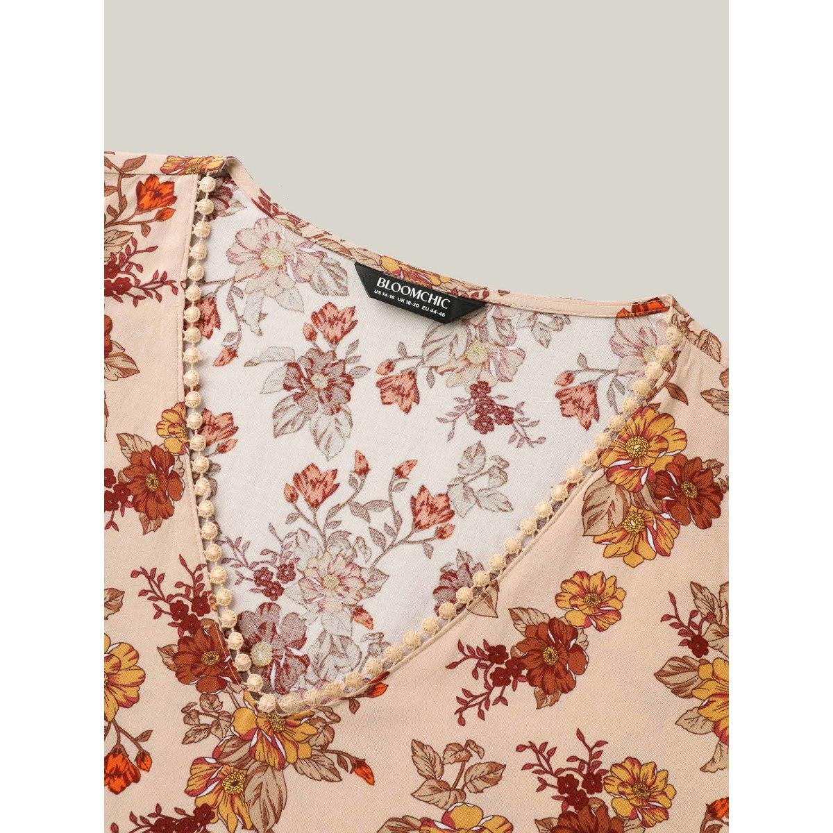 Plus Size Multicolor Floral Print Lace V-Neck Blouse Women Three Quater Length Sleeve V-neck Vacation Blouses BloomChic 14-16/1X Product Image