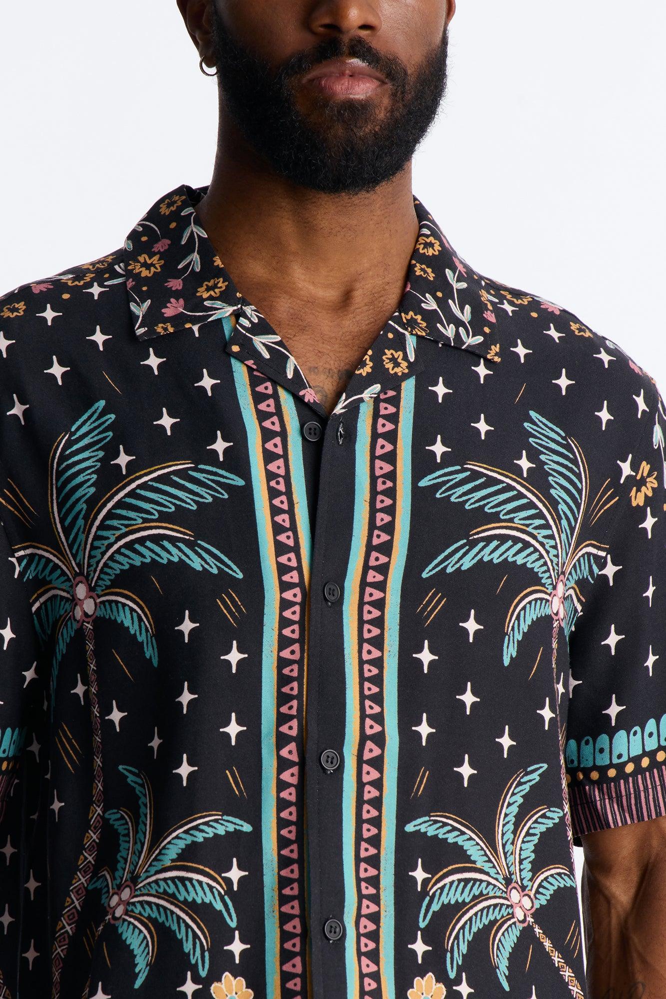 Tropical Twilight Resort Short Sleeve Cuban Collar Shirt - Black Male Product Image