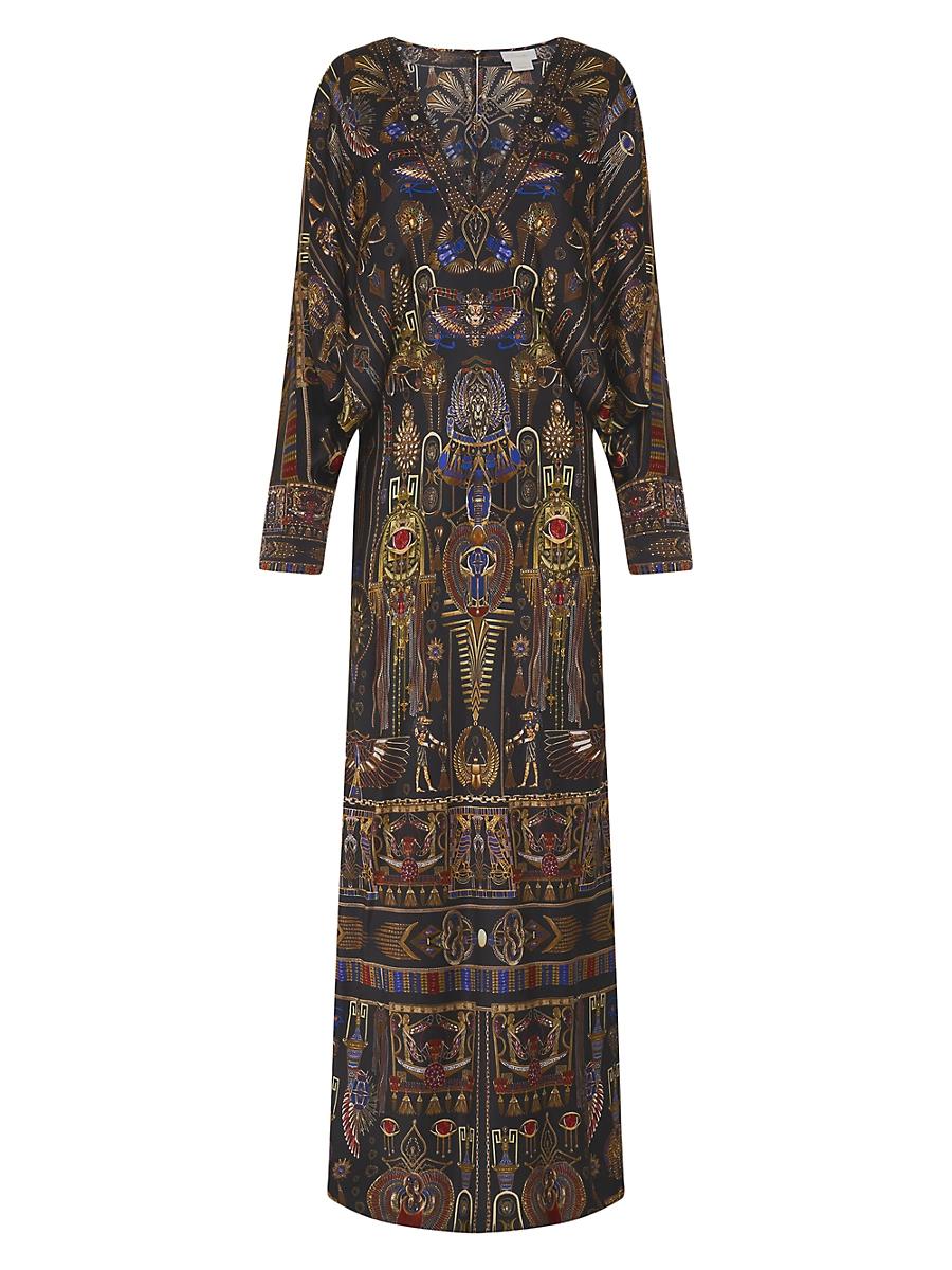 Womens Egyptian-Print Silk V-Neck Maxi Dress Product Image