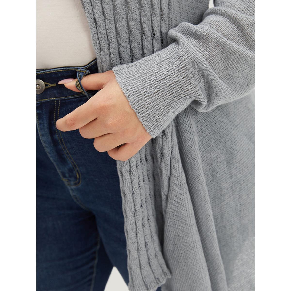 Plus Size Cable Knit Open Front Asymmetrical Hem Cardigan DarkGray Women Casual Loose Long Sleeve Dailywear Cardigans BloomChic 30/6X Product Image