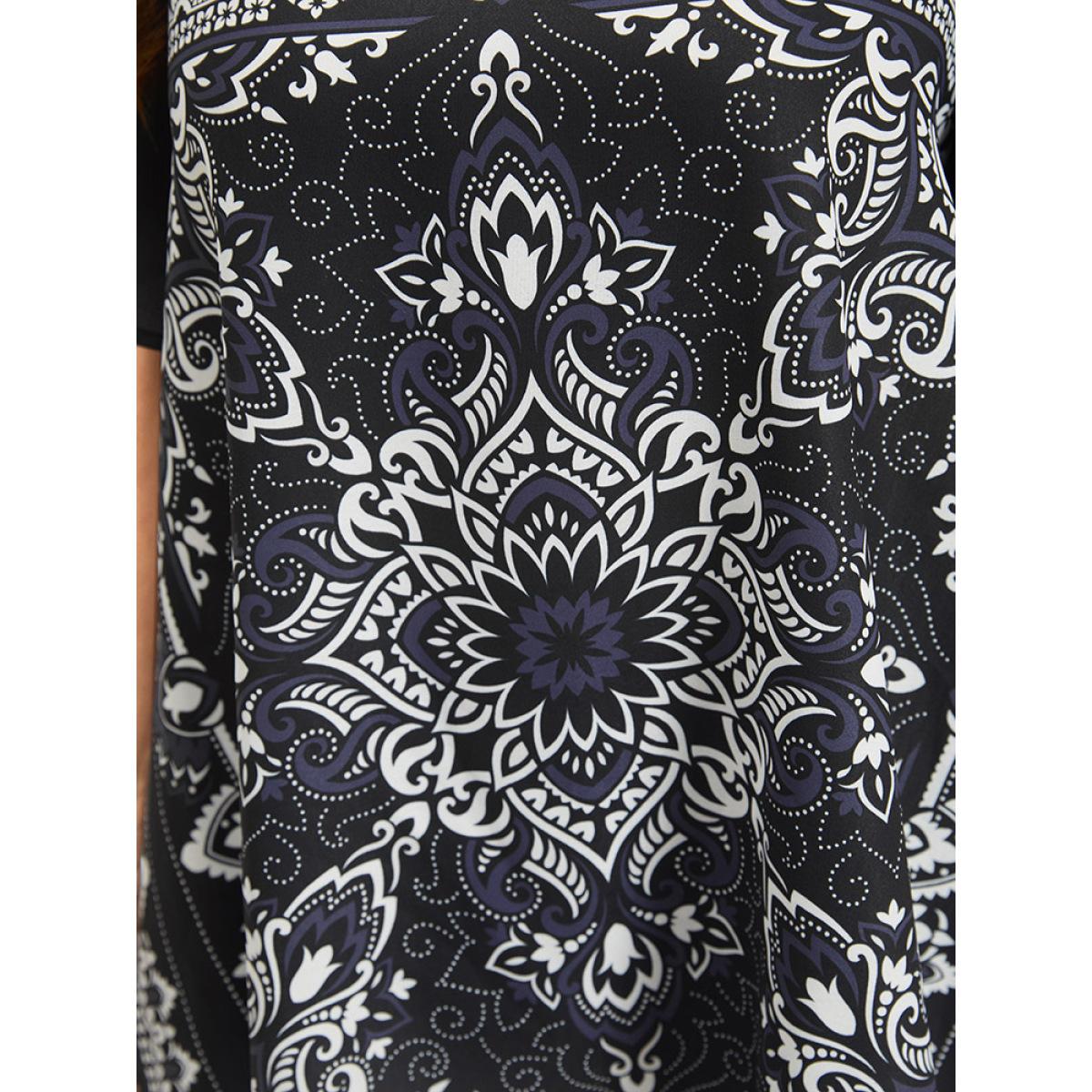 Plus Size Black Boho Print Crew Neck Flutter Sleeve Hanky Hem Blouse Women Vacation Short sleeve Round Neck Dailywear Blouses BloomChic 10/M Product Image