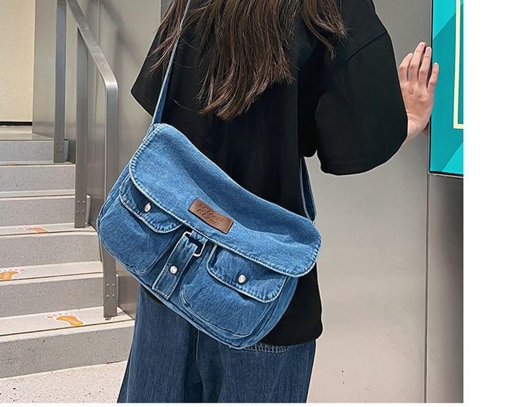 Multi-Pocket Applique Denim Messenger Bag Product Image