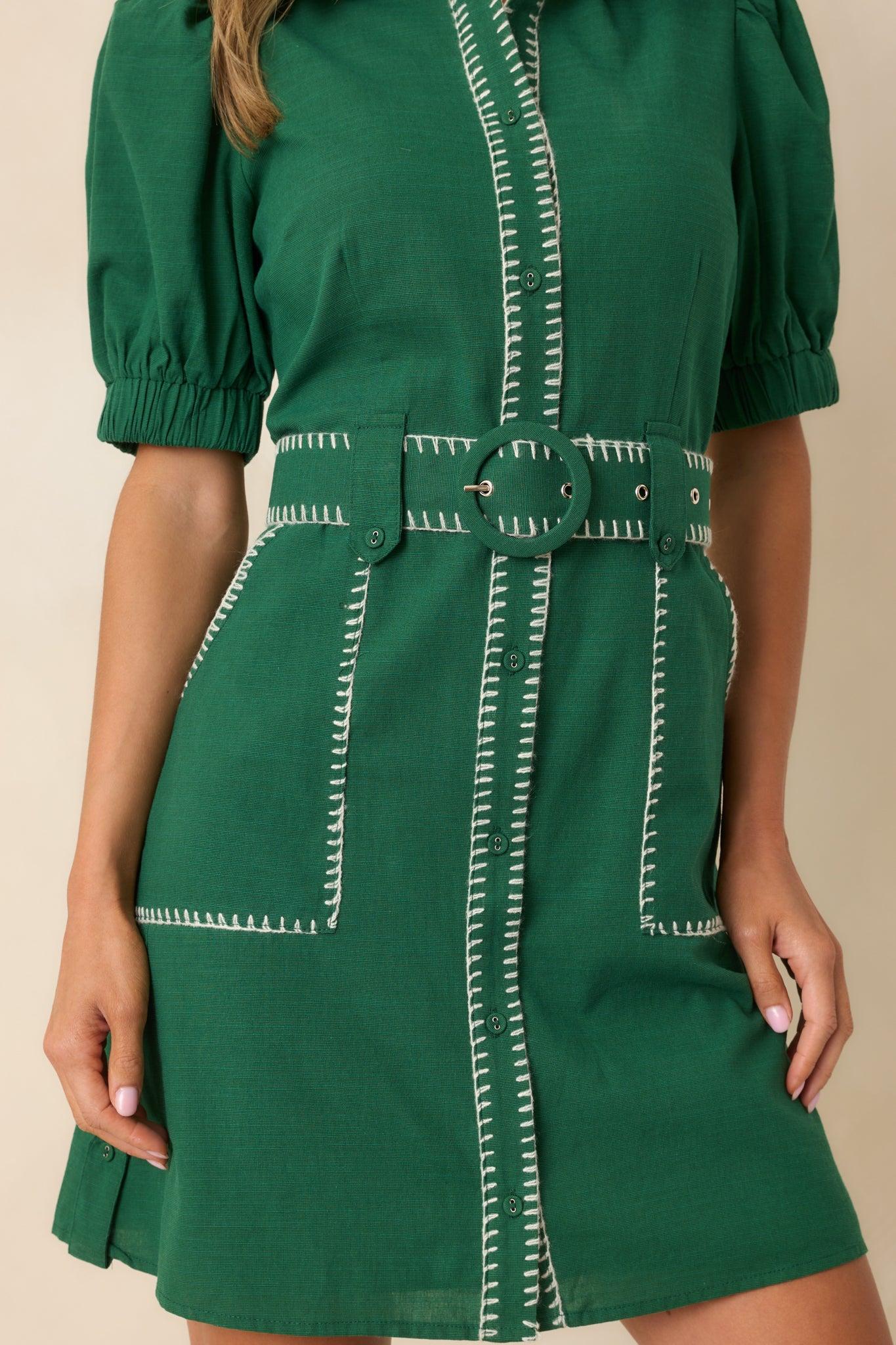 Heard It Before Hunter Green Cotton Belted Mini Shirt Dress Product Image