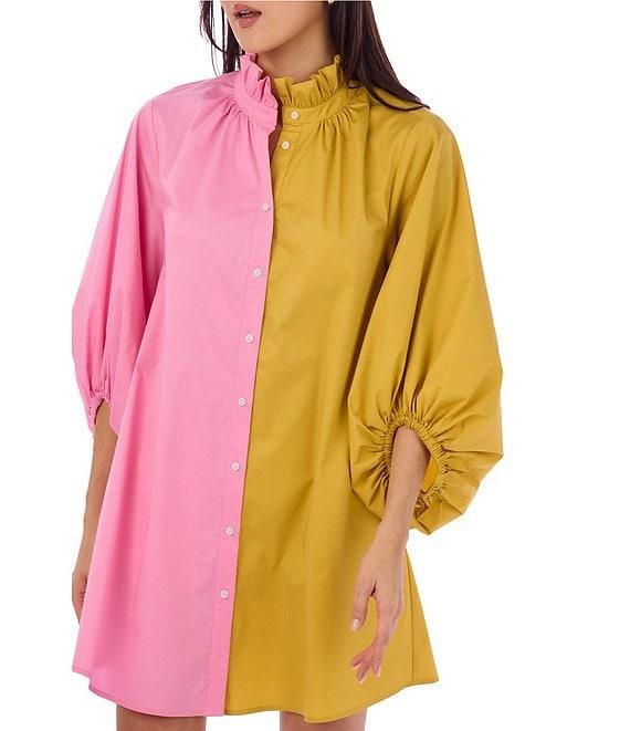 CROSBY by Mollie Burch Olive Colorblock High Ruffle Collar Long Sleeve Button Front Shirt Dress Product Image