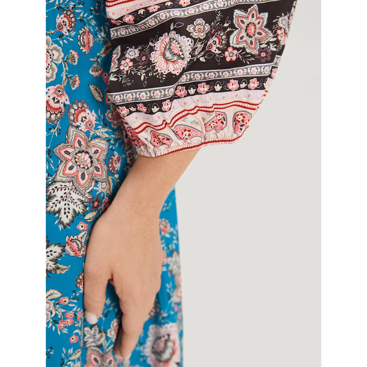 Plus Size Floral Print Notched Lantern Sleeve Contrast Dress Teal Women Vacation Elastic cuffs Notched collar Long Sleeve Curvy Midi Dress BloomChic 14-16/1X Product Image