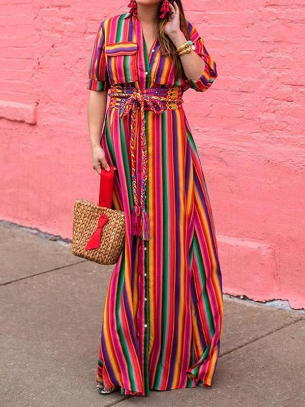 Long Sleeves Loose Split-Joint Striped Lapel Maxi Dresses Shirt Dress Product Image