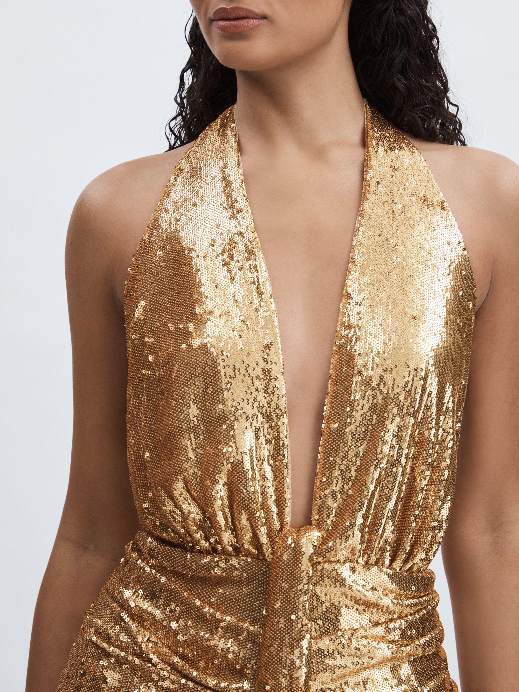 Halston Gold Sequin Halterneck Plunge Dress in Gold Product Image