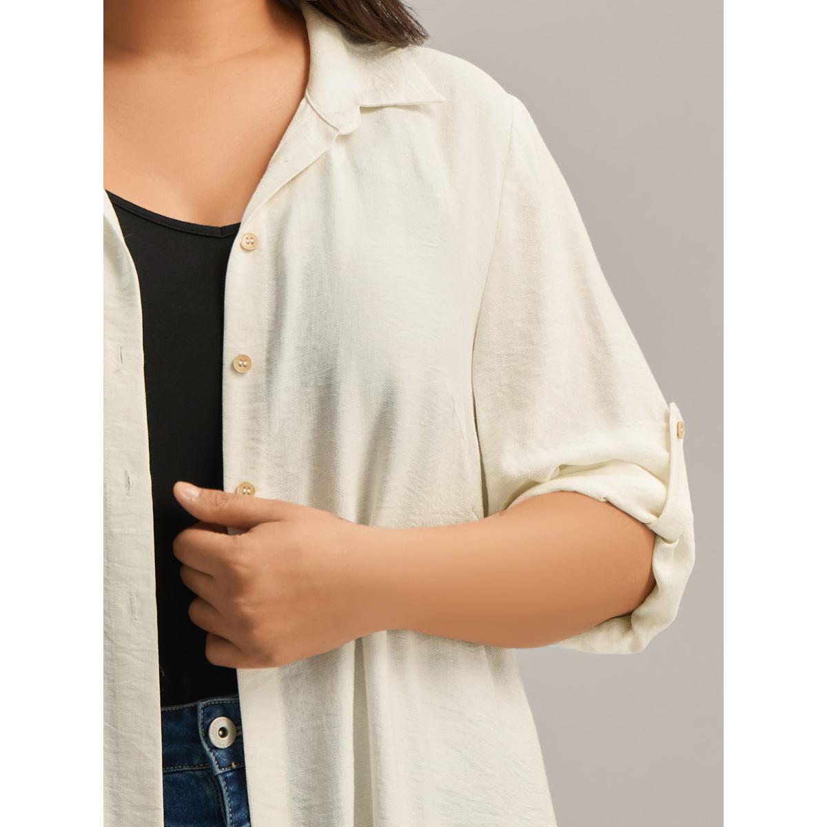 Plus Size Ivory Front-Open Long Basic Blouse Women Leisure Long Sleeve Shirt collar Vacation Blouses BloomChic 30/6X Product Image
