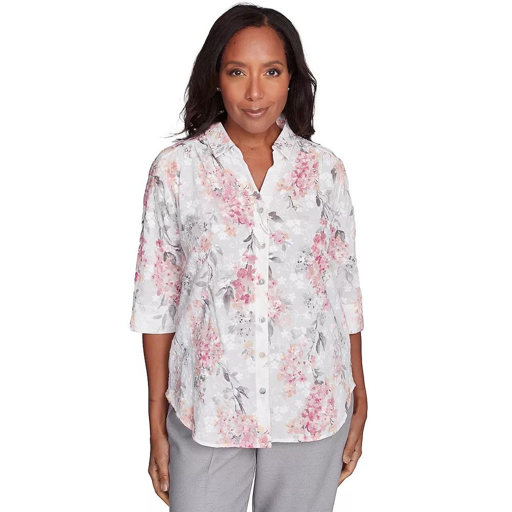 Women's Alfred Dunner Collared Button Front Hydrangea Top, Size: Small, Pink Team Product Image