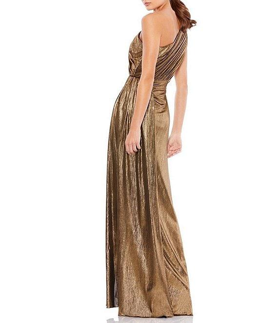 Mac Duggal Metallic Ruched Asymmetrical One Shoulder Sleeveless Thigh High Slit Faux Wrap Gown Product Image