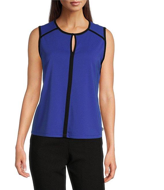 KARL LAGERFELD PARIS Matte Jersey Contrast Pipe Trim Keyhole Crew Neck Sleeveless Blouse Product Image