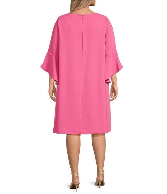 Caroline Rose Plus Size Julia Matte Crepe Round Neck 3/4 Ruffle Sleeve Shift Dress Product Image