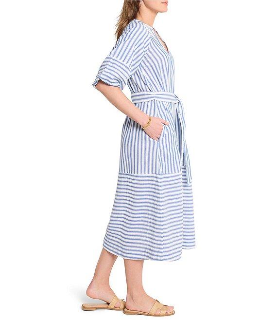 NIC + ZOE Stripe Double Gauze V-Neck Elbow Sleeve Tie Waist Midi Dress Product Image