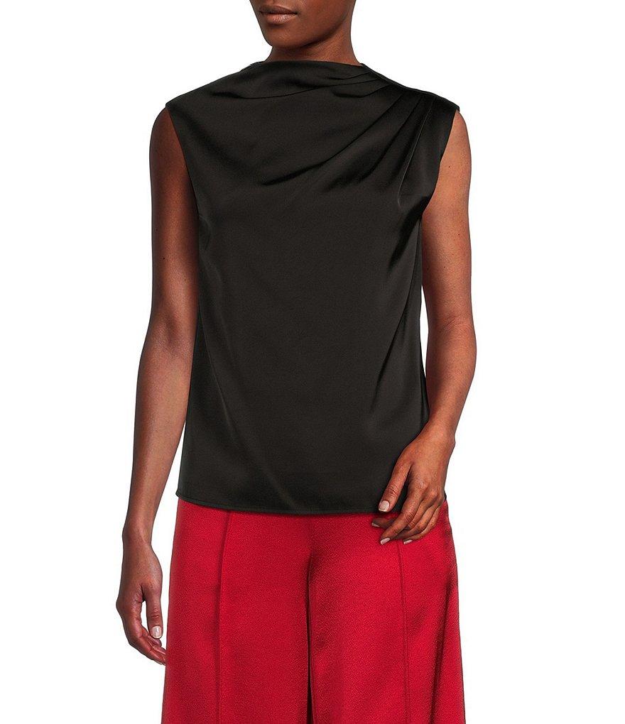 Donna Karan Draped Satin Sleeveless Mock Neck Gathered Shoulder Blouse Product Image
