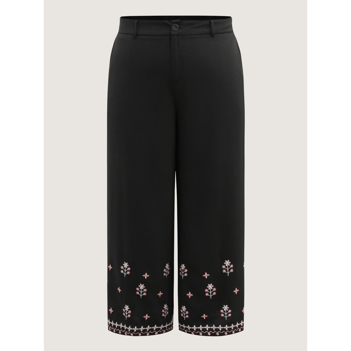 Plus Size Floral Embroidered Hem Wide-Leg Pants Women Black Timeless Wide Leg Mid Rise Elegant Pants BloomChic 26/4X Product Image
