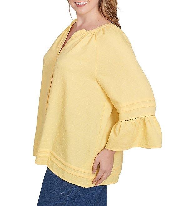 Ruby Rd. Plus Size Woven Embellished Trim Clip-Dot Mandarin Collar 3/4 Sleeve Button-Front Top Product Image