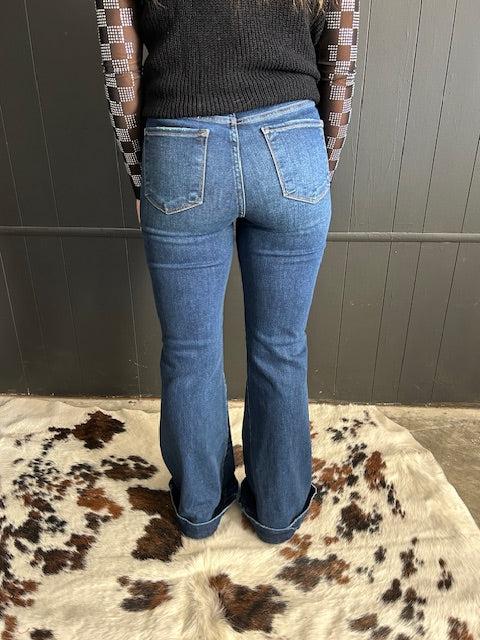 High Rise Flare Front Patch Pocket Dark Wash Jeans Product Image