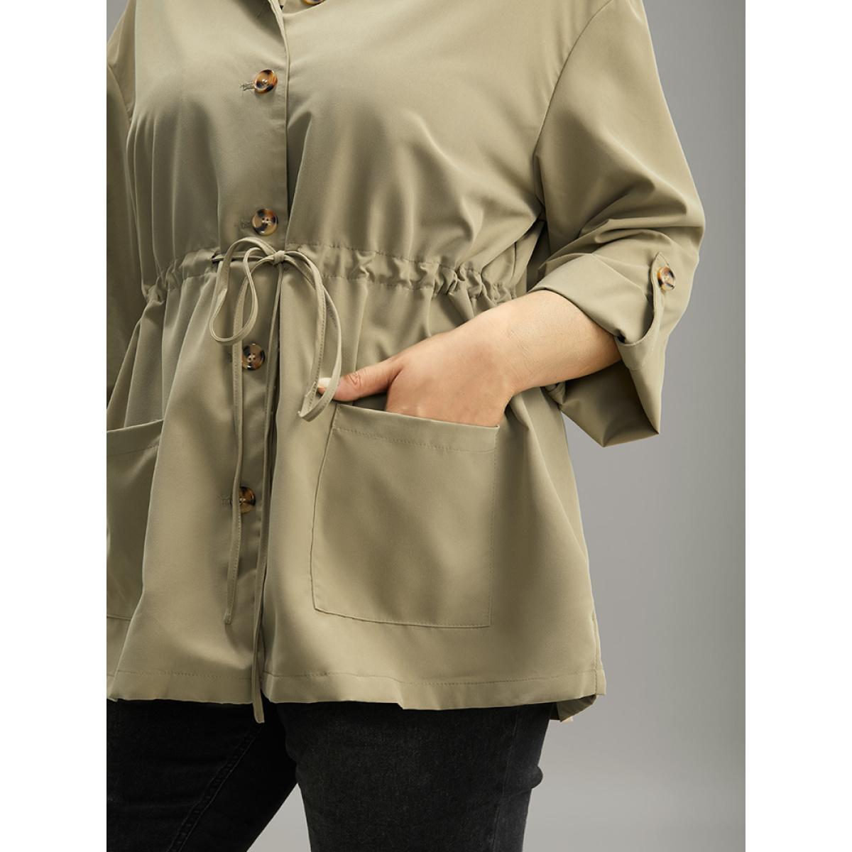 Plus Size Plain Button Fly Pocket Drawstring Cuffed Sleeve Jacket Women Sage Casual Plain Ladies Dailywear Winter Coats BloomChic 22-24/3X Product Image