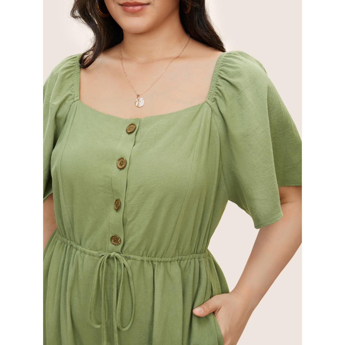 Plus Size Sage Plain Button Detail Drawstring Square Neck Jumpsuit Women Casual Short sleeve Square Neck Everyday Loose Jumpsuits BloomChic 12/L Product Image