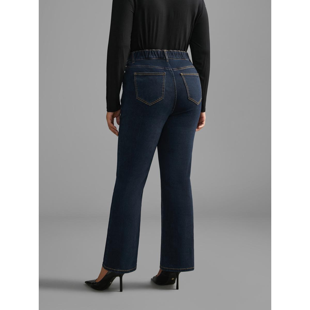 Plus Size Mid Rise Stretchy Bootcut Jeans Women Darkindigo Elegant Button Medium stretch Slanted pocket Jeans BloomChic 22/3X Product Image
