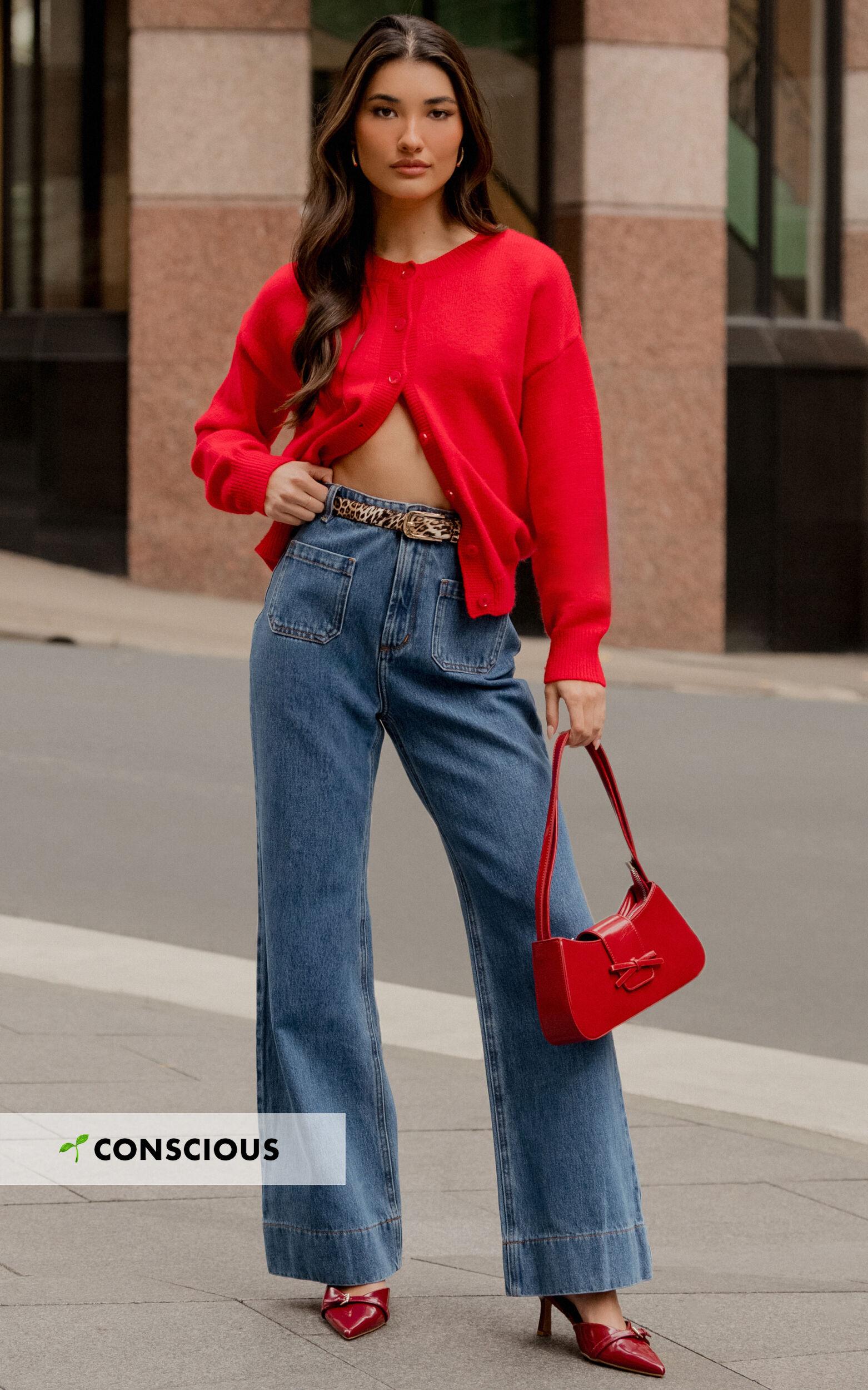 Vancouver Jeans - High Waist Straight Leg Patch Pocket Denim Jeans in Mid Blue Wash Product Image