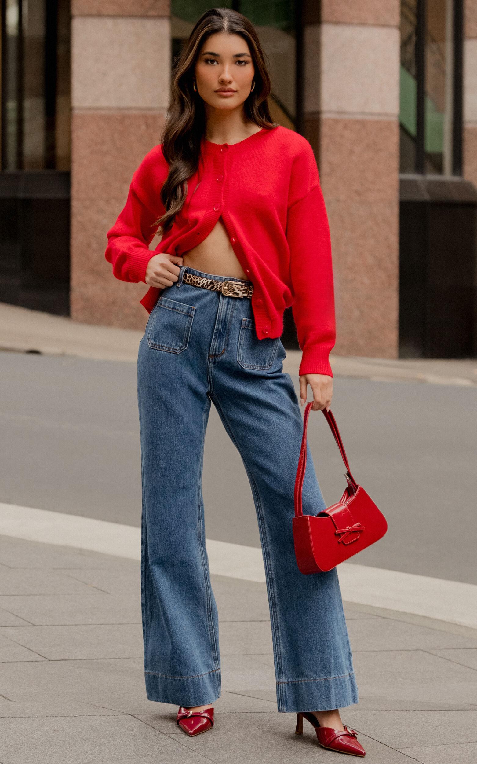 Vancouver Jeans - High Waist Straight Leg Patch Pocket Denim Jeans in Mid Blue Wash Product Image