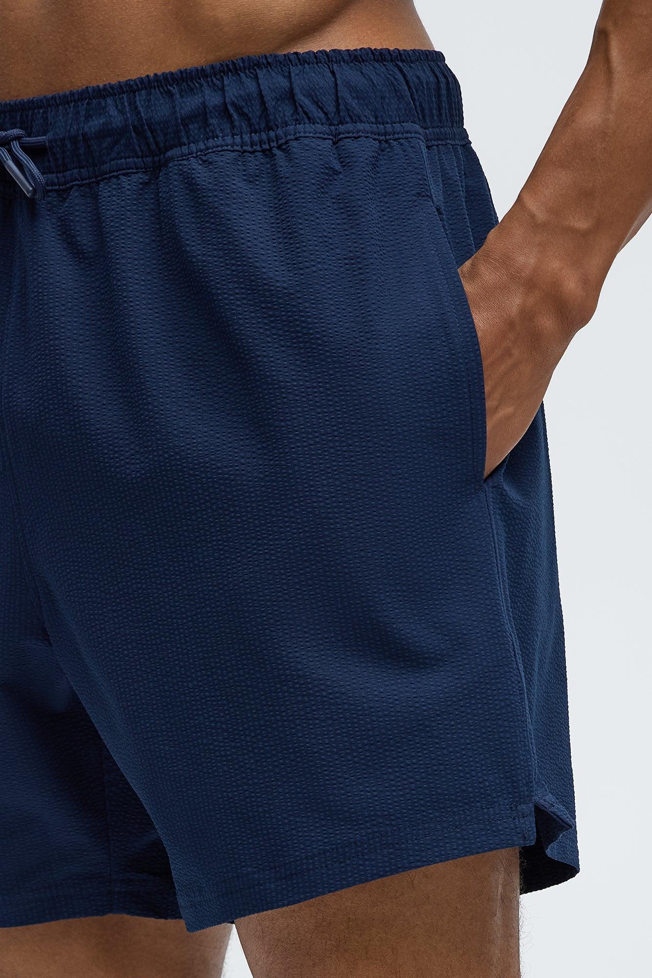 Seersucker Swim Mid Trunk - Navy Product Image