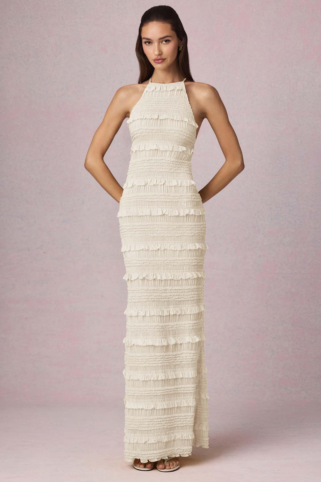 Ruffled Backless Halterneck Maxi Dress in Ivory Product Image