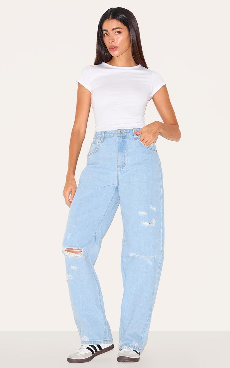 Light Blue Wash Distressed Style Boyfriend Jeans Product Image