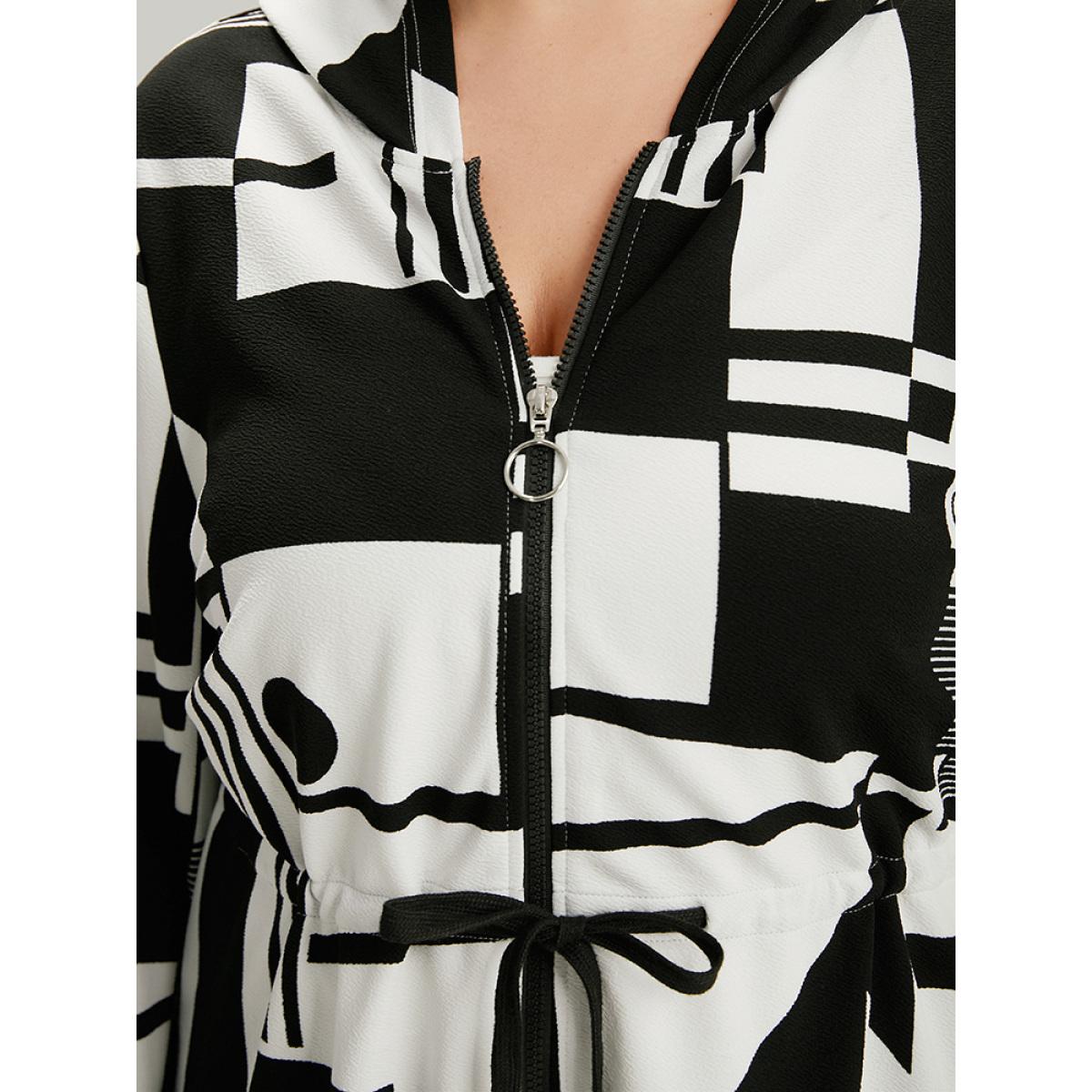 Plus Size Halloween Geometric Print Drawstring Zipper Hooded Knot Jacket Women Black Zipper Dailywear Jackets BloomChic 14-16/1X Product Image