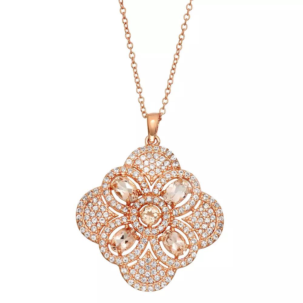 14k Rose Gold Over Sterling Silver Morganite & Lab-Created White Sapphire Flower Pendant Necklace, Women's, Size: 18", Pink Tone Product Image
