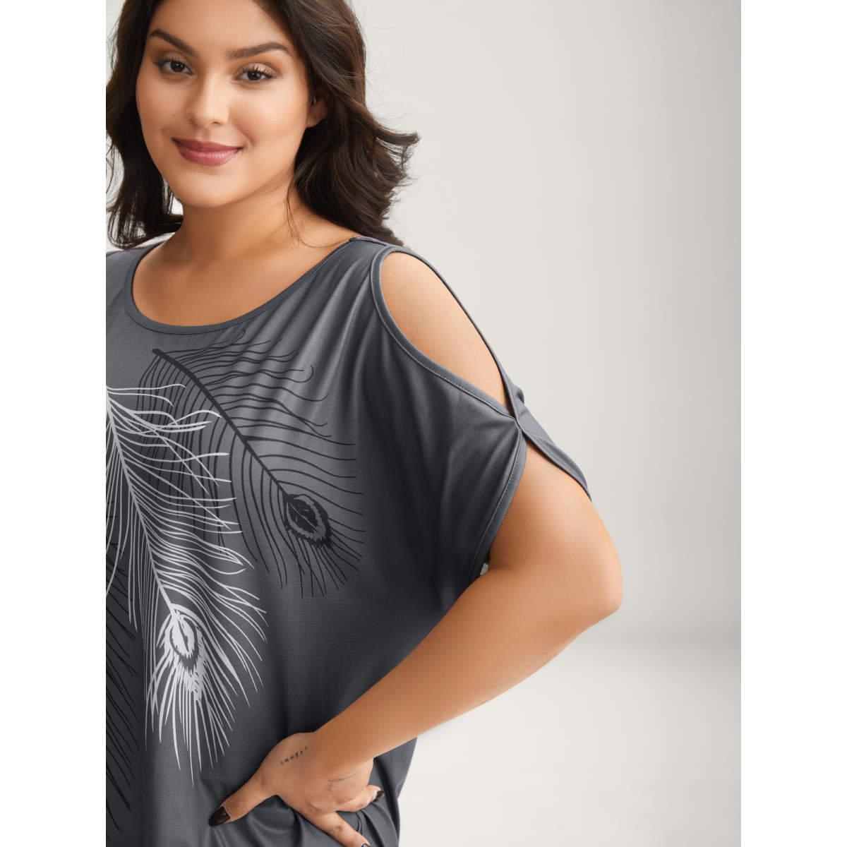 Plus Size Stretchy Feather Print Cut-Out Sleeve T-Shirt DimGray Women Non Art&design Round Neck Loose Everyday-Casual T-shirts BloomChic 14-16/1X Product Image