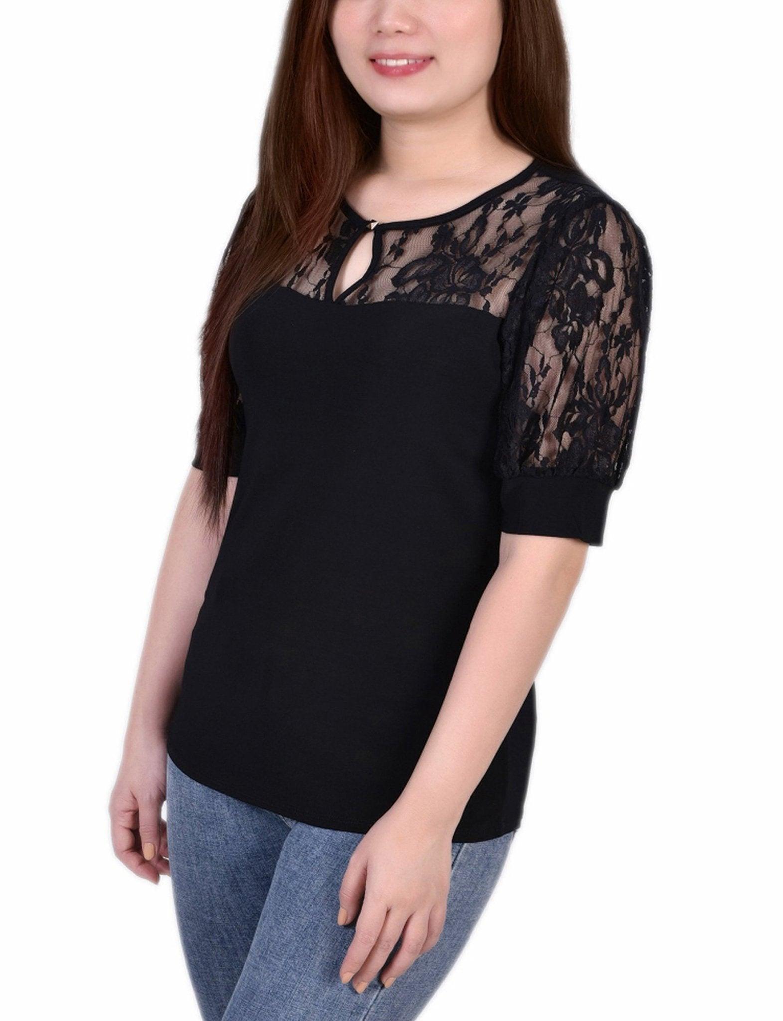 Black Short Puff Sleeve Top With Lace Sleeves And Yoke Product Image