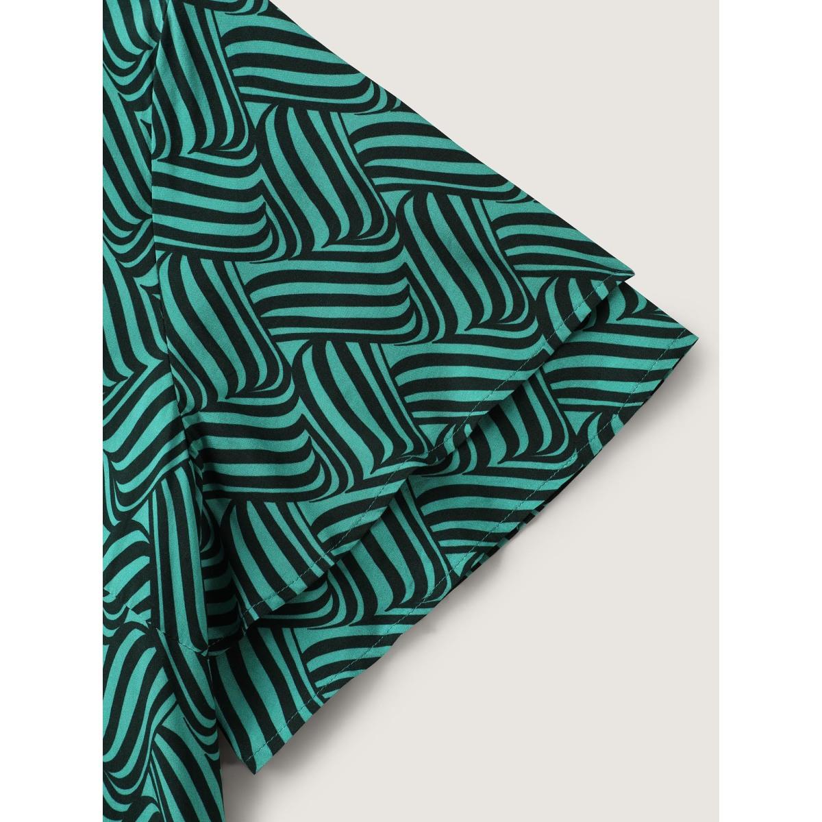 Plus Size Cyan Rayon Geometric Print Layered Sleeve Blouse Women Office Short sleeve Round Neck Office Blouses BloomChic 12/L Product Image