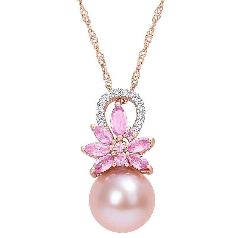Stella Grace 14k Rose Gold Freshwater Cultured Pearl, Pink Sapphire & Diamond Accent Flower Pendant Necklace, Women's, Size: 17" Product Image