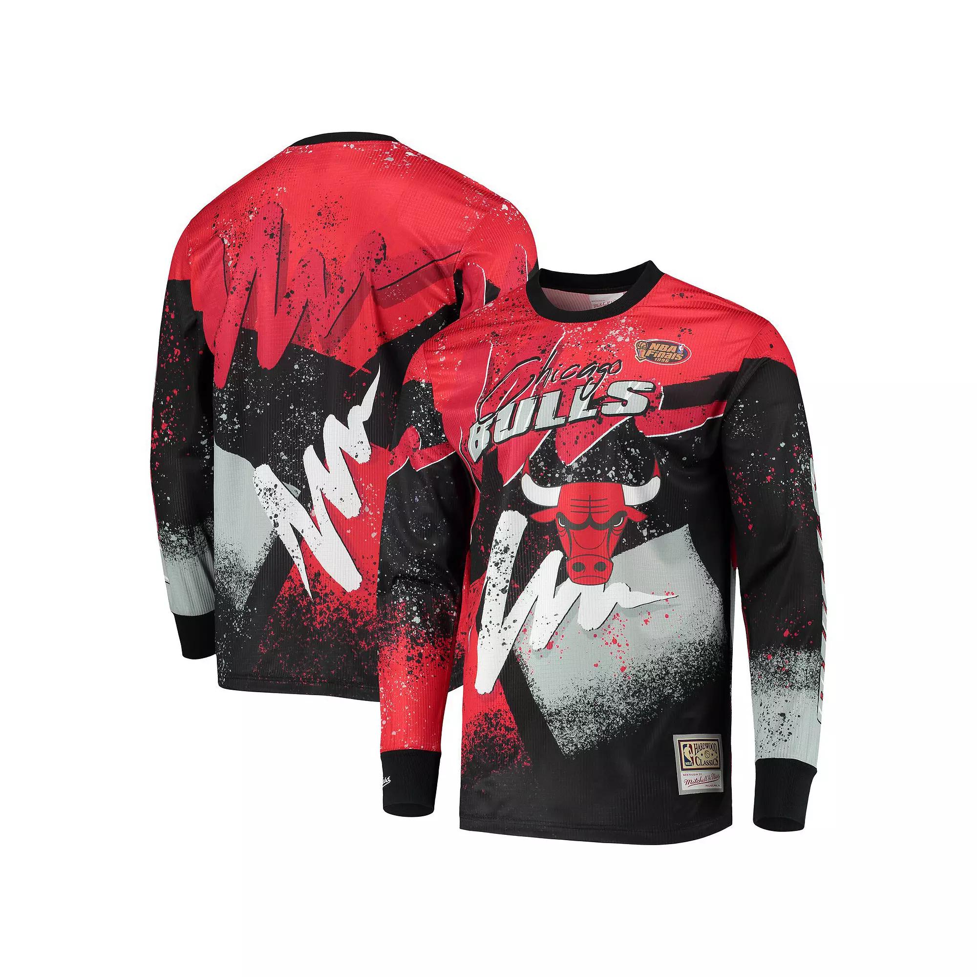 Men's Mitchell & Ness Red Chicago Bulls Hardwood Classics Hyper Hoops Moto Sublimated Long Sleeve T-Shirt, Size: Large Product Image