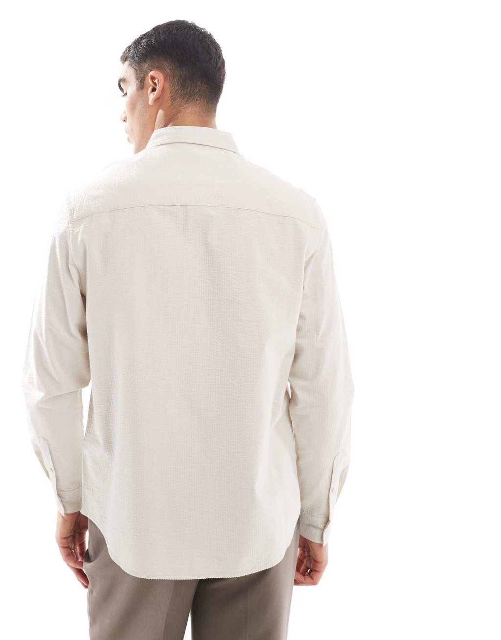 ASOS DESIGN regular seersucker shirt in stone Product Image