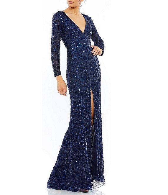 Mac Duggal Deep V-Neck Long Sleeve Thigh High Slit Beaded Sheath Gown Product Image