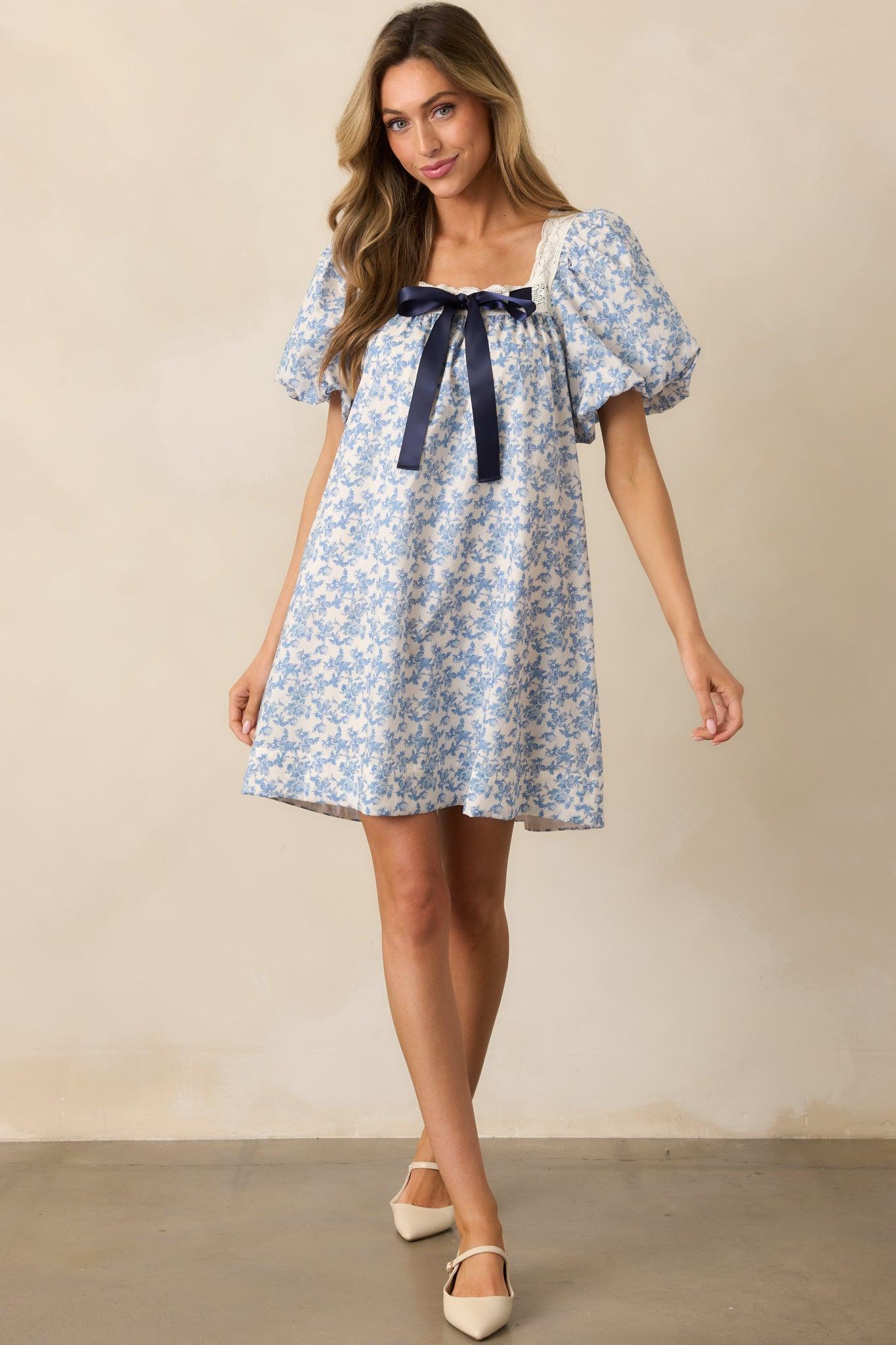 Frolic Through Fields Cotton Blue Floral Mini Dress Product Image