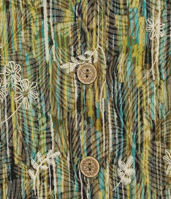 Multiples Embroidered Woven Wire Collar 3/4 Turn-Up Sleeve Hi-Low Hem Shirt Product Image