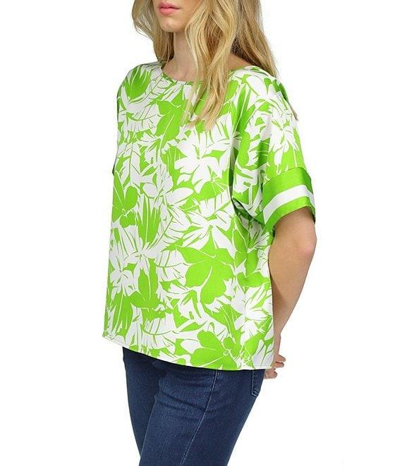 Michael Kors Tropical Palm Print Boat Neckline Short Sleeve Top Product Image