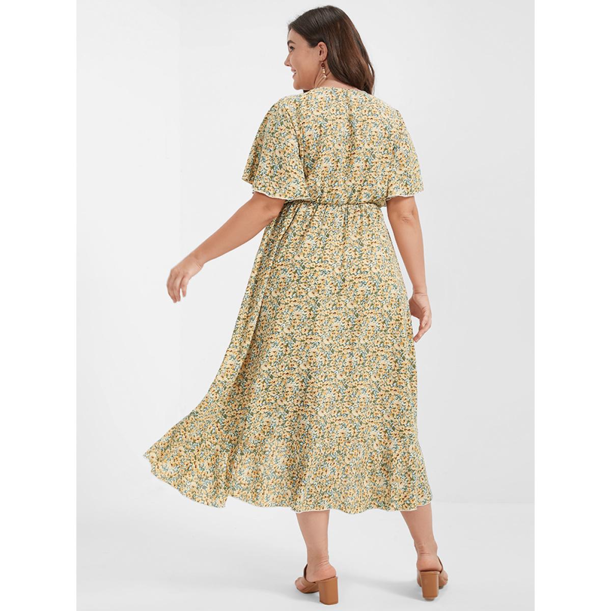 Plus Size Ditsy Floral Ruffles Ties Split V Neck Dress LightGreen Women Elegant Ruffles V-neck Short sleeve Curvy Midi Dress BloomChic 14/1X Product Image