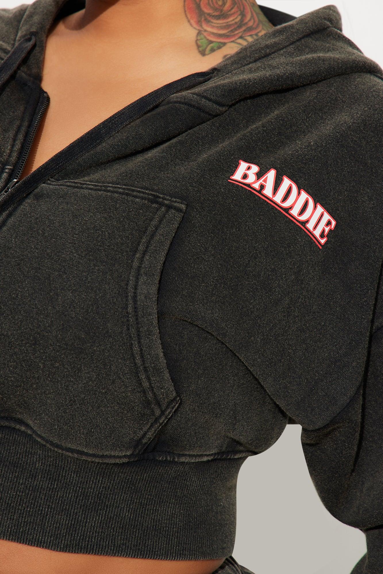 Baddie Washed Front Zip Hoodie - Black Wash Product Image