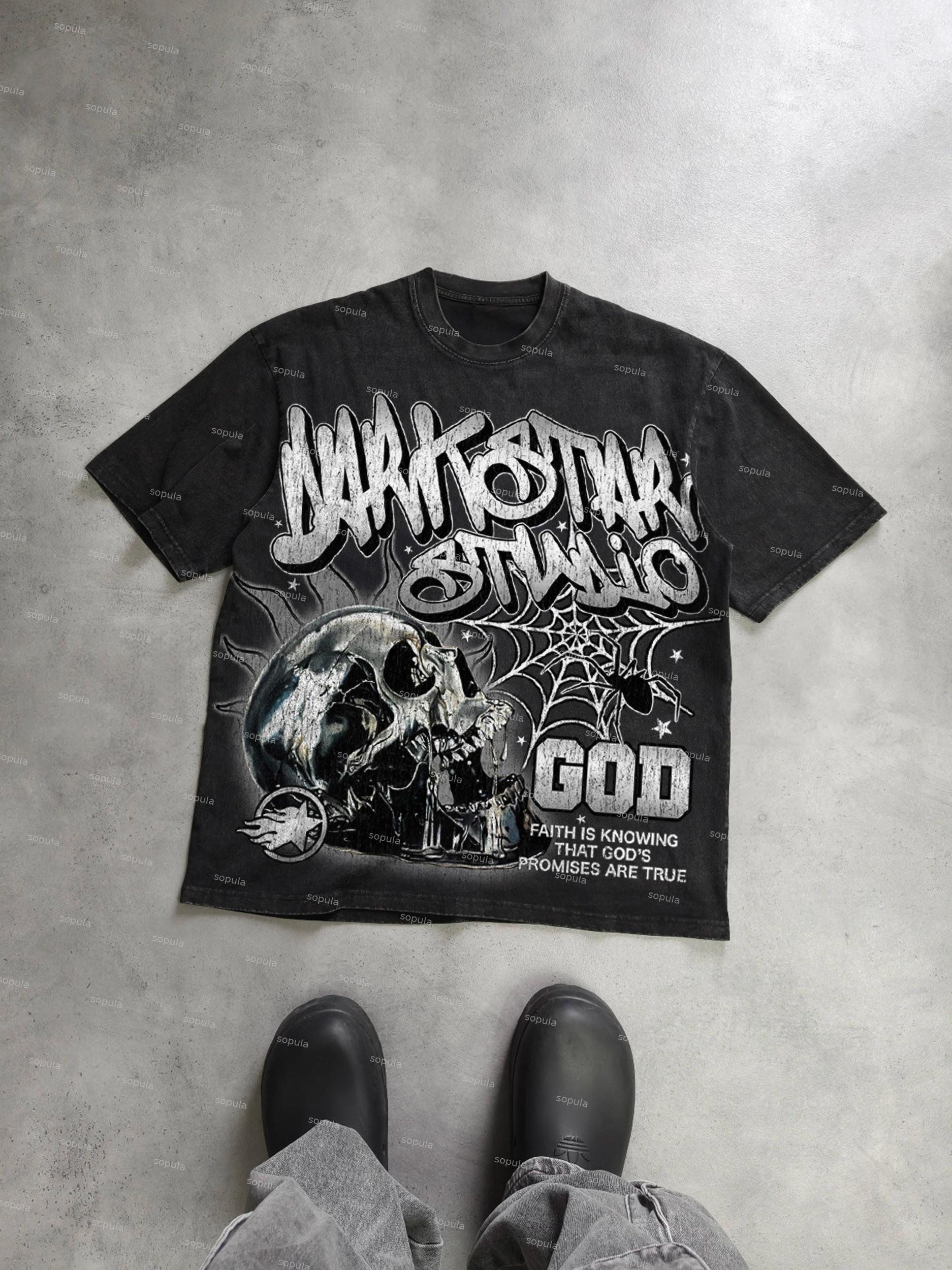 Darkstar-god's Skull Print Pattern Acid Wash T-shirt Product Image