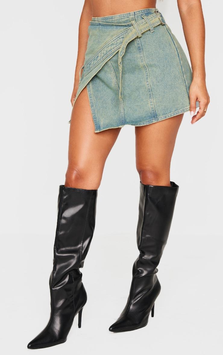 Petite Vintage Wash Denim Wrap Over Mini Skirt Product Image