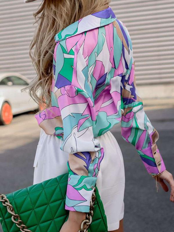 Long Sleeves Loose Contrast Color Printed Lapel Blouses Product Image