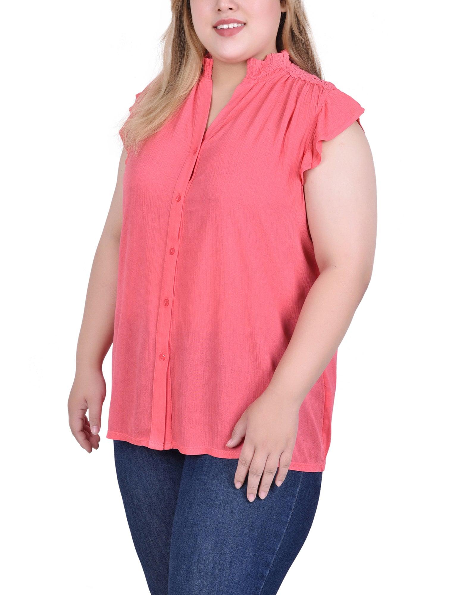 Pink Short Flutter Sleeve Crepon Blouse - Plus Size Product Image