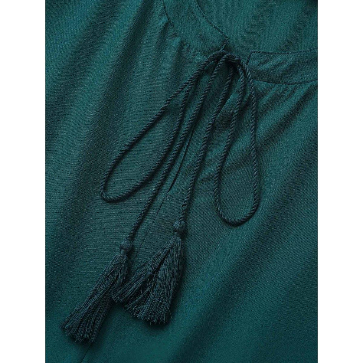 Plus Size Bandana Patchwork Knot Neck Tassel Trim Dress Green Women Resort Non V-neck Elbow-length sleeve Curvy Midi Dress BloomChic 22-24/3X Product Image