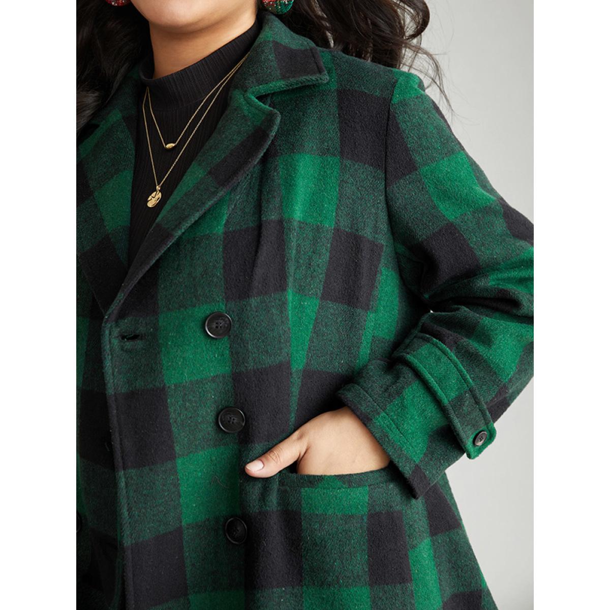 Plus Size Plaid Lapel Collar Flap Detail Double Breasted Coat Women DarkGreen Casual Contrast Ladies Dailywear Winter Coats BloomChic 28/5X Product Image
