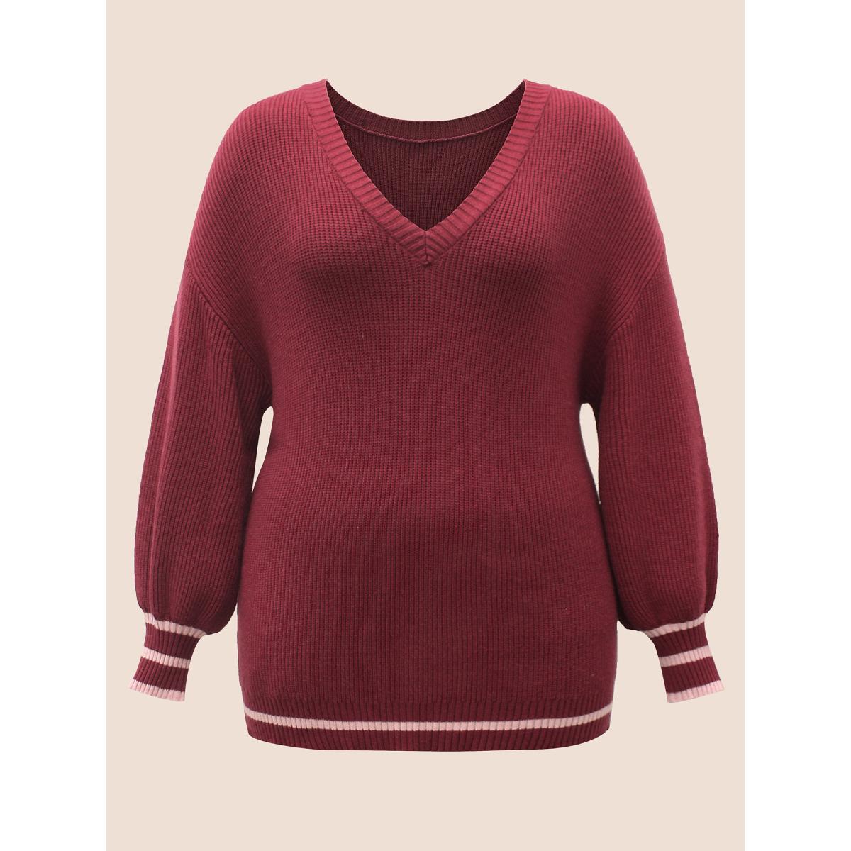 Plus Size Supersoft Essentials V Neck Contrast Trim Pullover Burgundy Women Leisure Long Sleeve V-neck Casual Pullovers BloomChic 28/5X Product Image